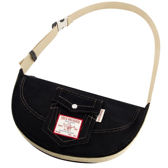 True Religion Handbags - True Religion Black Crescent Shoulder Bag with Cream Strap